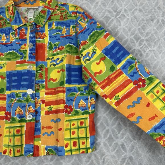 Vtg Coldwater Creek Top Womens L Colorful Tropical Boxy Button Shirt Art to Wear - Picture 4 of 13